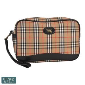 Burberry Vintage Check Canvas & Leather Wristlet Pouch Black Trim Plaid Bag